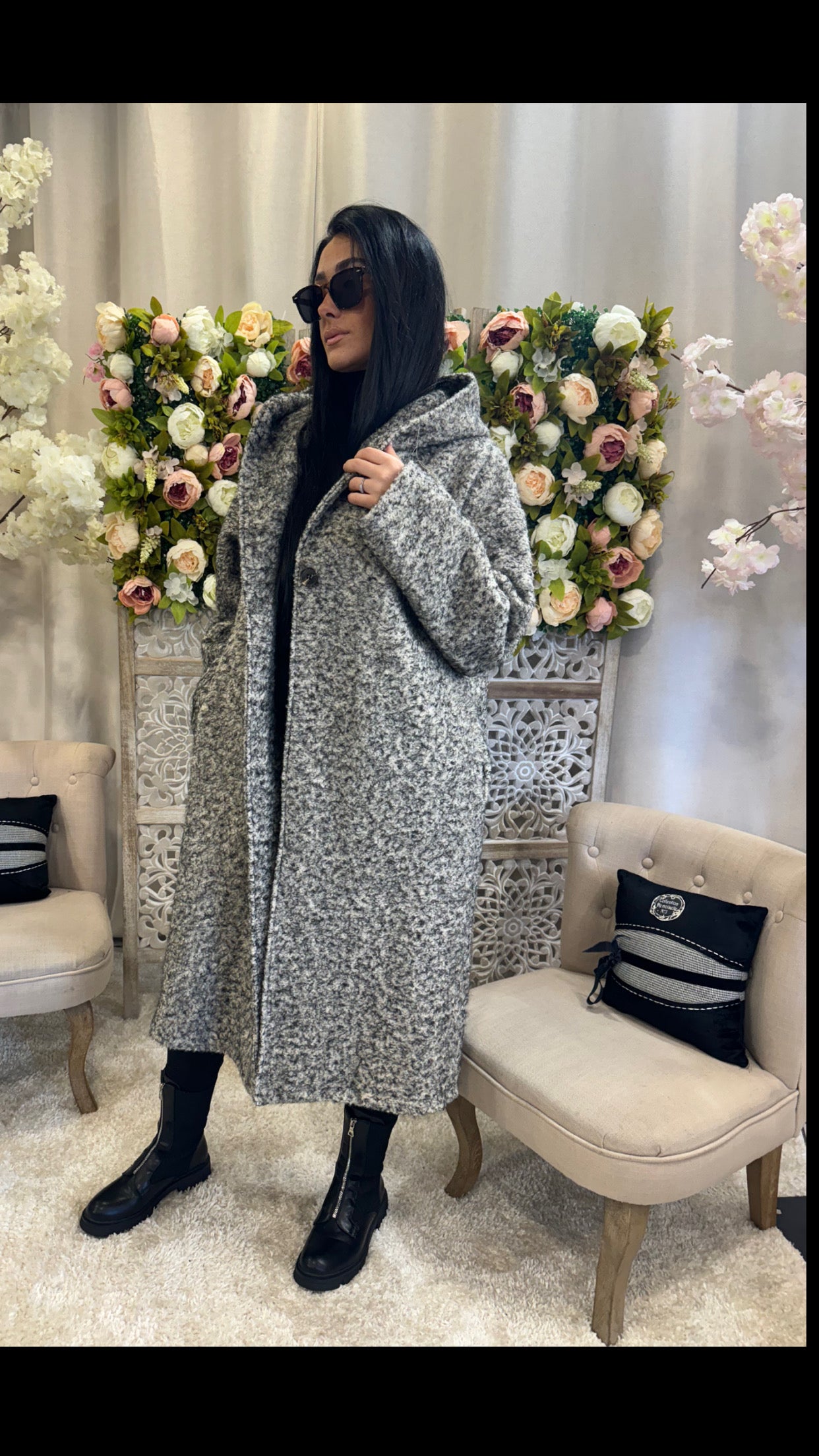 Manteau long gris chinée